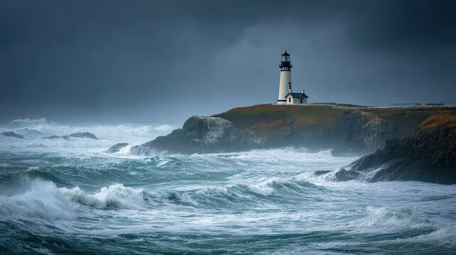 Coastal lighthouse stormy ocean waves