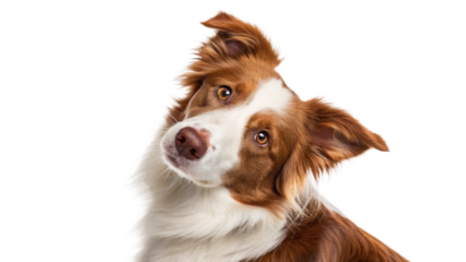 Border collie portrait with head tilt on black background — expressive pet studio shot with copy space