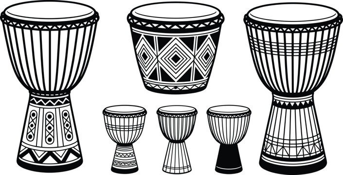 African djembe drum illustration collection with traditional tribal patterns for ethnic music culture festival and percussion vector design