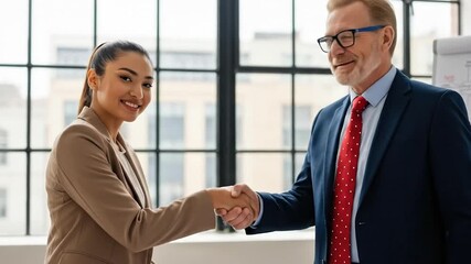 Smiling diverse business colleagues shaking hands in a bright office, symbolizing successful partnership, agreement, and professional collaboration