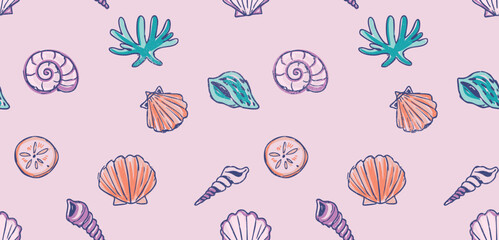 Sea Shell print design. summer season textaile pattern in vintage retro vibes. seamless pattern design in vector. girls print design. beach vector,