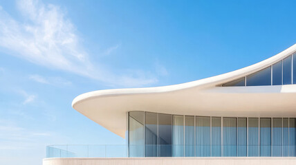 Modern architectural detail featuring curved lines and glass facade under clear sky