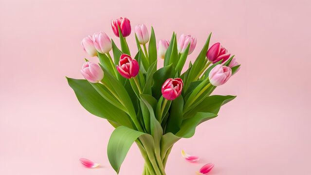 Valentine's day bouquet of pink and red tulips with green leaves - Powered by Adobe