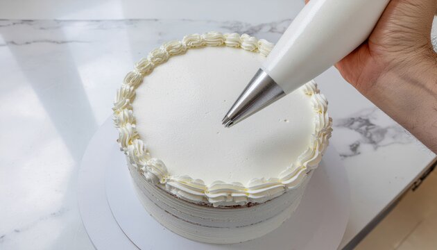 Hand piping white buttercream icing on a homemade cake. Close-up of dessert decoration with star tip, DIY baking project, culinary art, recipe