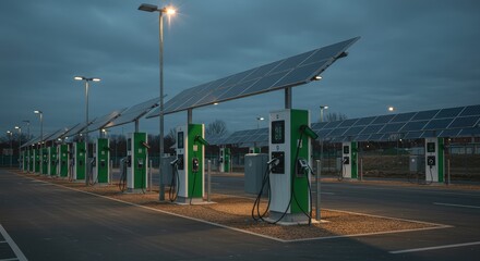 Electric vehicle charging stations at dusk. Rows of charging stations, supported by solar panels, are visible in a parking lot under a cloudy sky