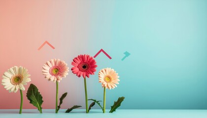 Vibrant gerbera daisies in colorful gradient background with arrows