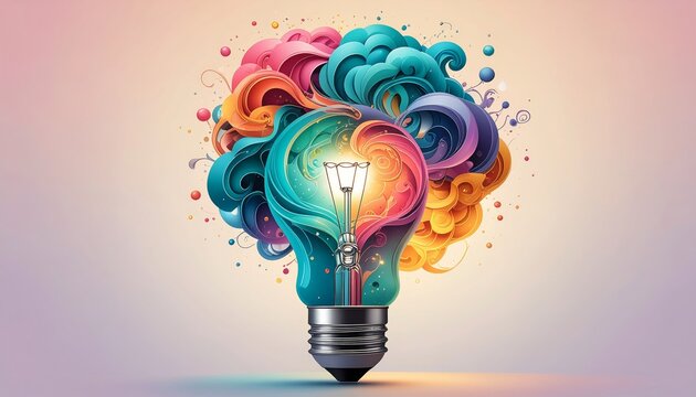 Vibrant light bulb with swirling colorful creative ideas - Powered by Adobe