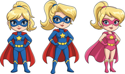 Set of cute cartoon superhero girls in powerful poses wearing capes and masks, brave female characters for kids design concept, © MdMojibar
