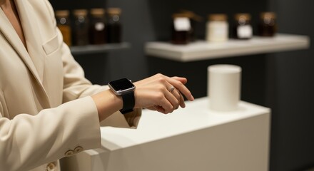 Elegant Woman's Wrist Adorned with Smartwatch and Silver Ring in Modern Interior