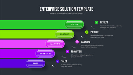 Marketing Report Five Element Diagram Slide Template. Corporate Overview 5 Option Infographic Presentation Design. Digital Performance Slideshow Layout Vector Illustration.