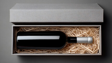 Wine bottle in gift box with straw elegant packaging luxury present celebration festive premium black glass silver cap