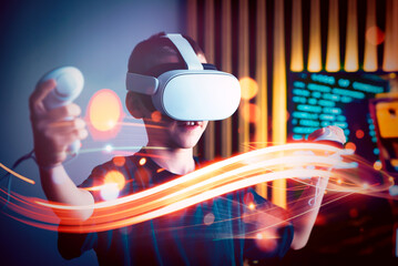 Young boy using virtual reality VR headset