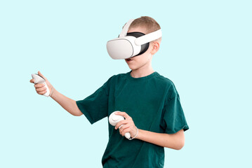 Young boy using virtual reality VR headset