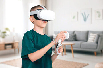 Young boy using virtual reality VR headset