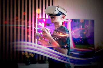 Young boy using virtual reality VR headset