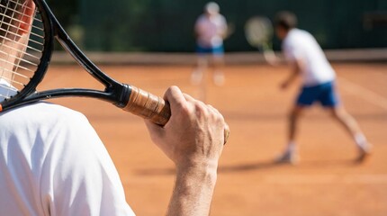 Close up of a tennis player gripping a racket and preparing to return a shot on a clay court during an outdoor match on a sunny day, capturing energy and sports competition