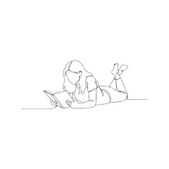 Continuous line drawing of a girl reading a book lying on the floor. Minimalist vector illustration of a child studying or relaxing with literature