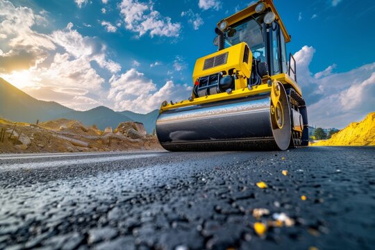 Bright yellow road roller compacts fresh asphalt on highway, emphasizing progress and efficiency. Clear blue sky and clouds create inspiring, open atmosphere. Neural network AI generated - Powered by Adobe