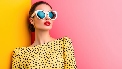 Stylish woman in polka dot dress with sunglasses against vibrant background