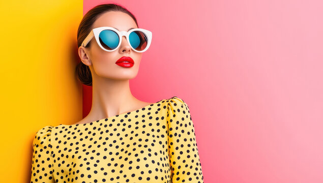 Stylish woman in polka dot dress with sunglasses against vibrant background