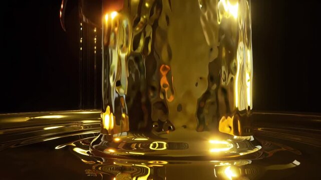 Golden-skinned fashion model metallic makeup gold hair, standing reflective liquid gold surface, glowing jewelry abstract golden reflections morphing floor, cinematic lighting, black background, 4k