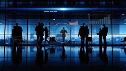 Silhouettes of business people modern conference room, interacting glowing holographic charts floating data streams, futuristic technology, cinematic reflections on glass walls, sleek corporate 4k - Powered by Adobe