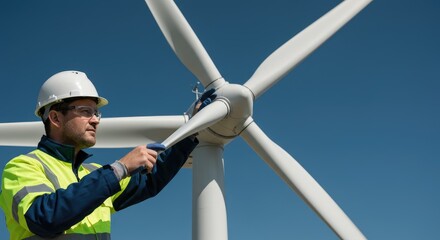 Engineer Inspecting Wind Turbine Blade, Renewable Energy, Sustainable Power, Blue Sky.