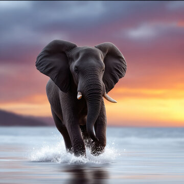 African elephant splashing water at sunset large ears tusks dramatic sky wild animal nature serene powerful outdoors