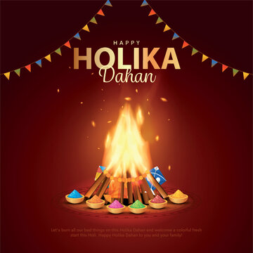 Holika Dahan Post and Greeting Card. Happy Holika Dahan Indian Festival Celebration Background. Creative Vector Illustration Design.
