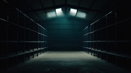 Deserted Industrial Warehouse Corridor with Dim Overhead Lights and Shadowed Shelves