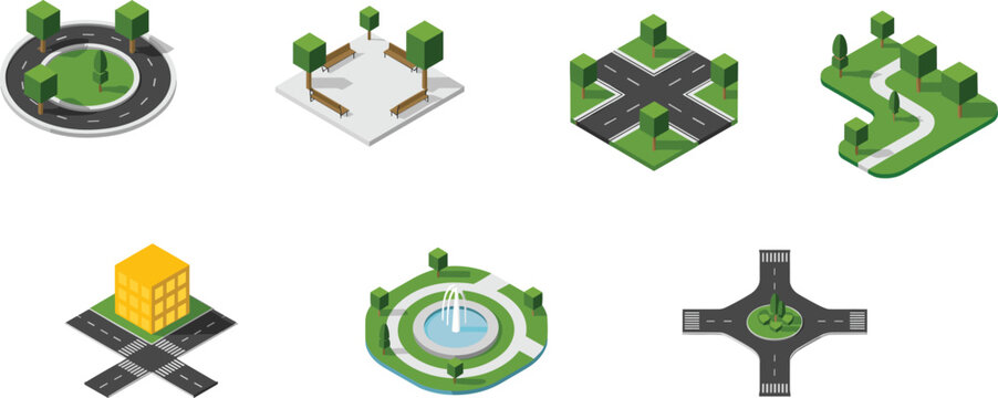Isometric city elements set featuring roads parks intersections roundabouts and urban infrastructure illustrations for smart city map design