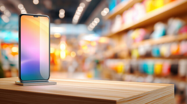 Modern smartphone mockup with blank white screen on wooden surface in shopping mall &mdash; technology and advertising concept