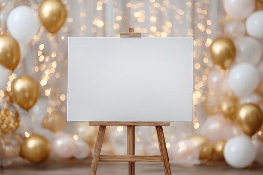 Birthday party background. White blank paper easel template among a holiday settings. Clean greeting card free space for text against a festive beige golden balloons, ribbons backdrop. Baby shower