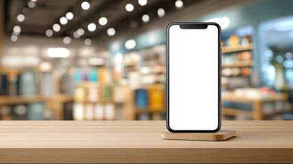 Modern smartphone mockup with blank white screen on wooden surface in shopping mall — technology and advertising concept