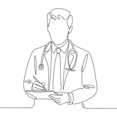 A continuous line drawing of a doctor writing on a clipboard