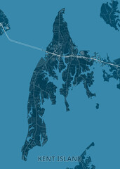 Map of Kent Island, rendered in shades of blue and white. The island's shape is clearly defined, with intricate details of the coastline, roads, and waterways visible.