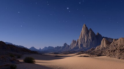 Glowing Sand Dunes Transitioning into Jagged Rock Cliffs Under a Starry Night Sky