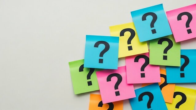 A colorful arrangement of sticky notes each displaying a black question mark symbol - Powered by Adobe