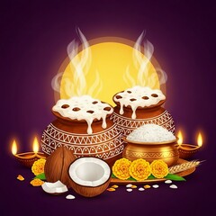 Pongal celebration with traditional clay pots flowers and festive offerings