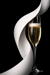 Sparkling wine flute with condensation and white fabric swirl against black backdrop