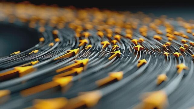 Arrows in Motion: Abstract view of golden arrows in dynamic motion, the image symbolizes progress, direction, and innovation.