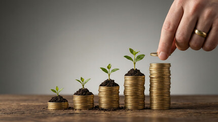 Hand adding gold coin to rising stacks of money with growing plants