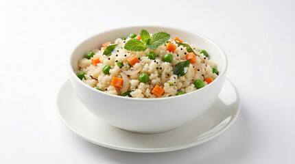 A high-quality studio shot of savory Indian semolina upma served in a white bowl with fresh vegetable garnishes.