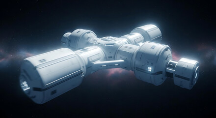 A futuristic space station floats in the depths of outer space with a sleek metallic design