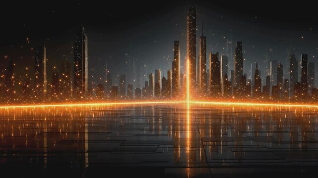 City of Innovation: A futuristic cityscape, illuminated by a network of glowing lines. This vision of urban progress, with sleek skyscrapers and dynamic energy streams.