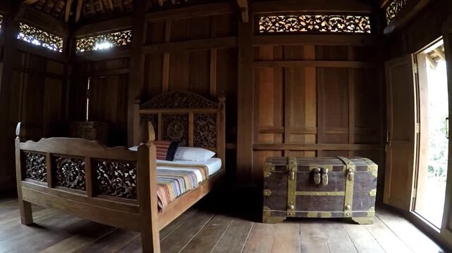Rustic Charm - A Glimpse Inside a Traditional Wooden Bedroom.