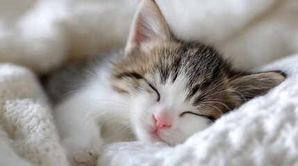 Adorable kitten sleeping peacefully on soft white blanket