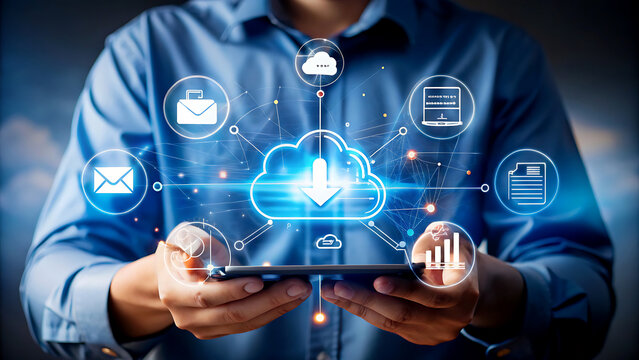 Man holding smartphone with cloud computing icons in futuristic blue glow with modern technology for digital marketing - Powered by Adobe