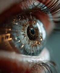 AI interface blending with human eye in futuristic macro concept