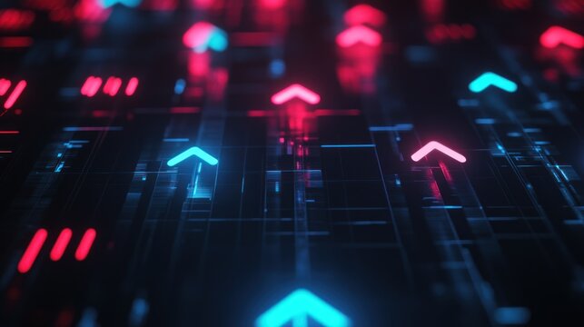 Glowing arrows pointing up, red and blue, on a dark, digital-looking surface